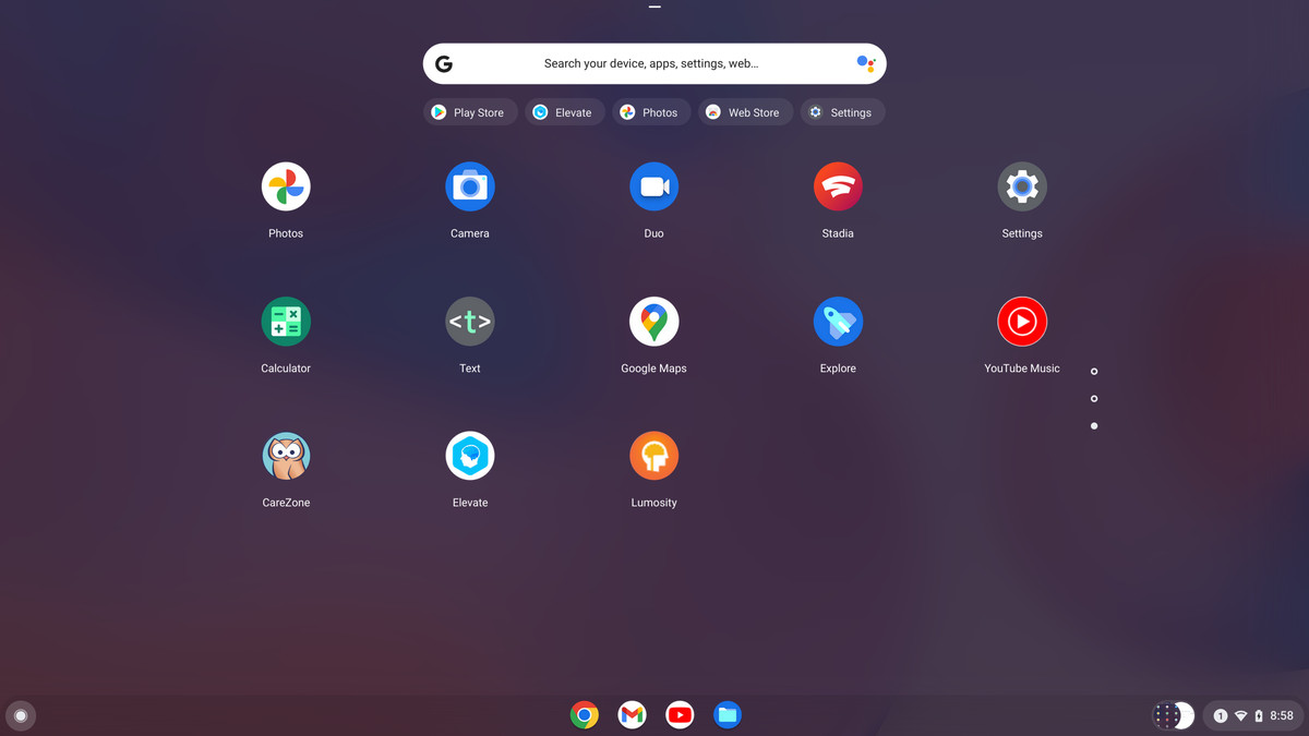 Панель запуска, показывающая приложения Chrome OS
