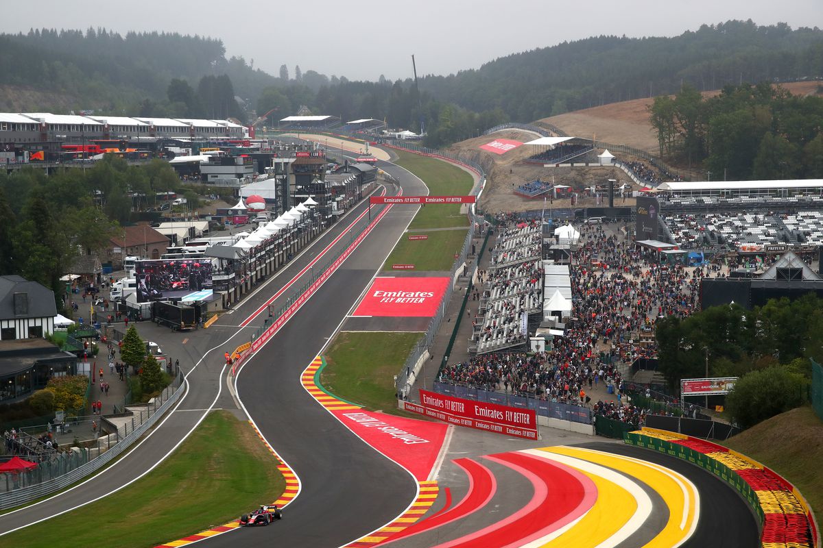 A general view as Calan Williams of Australia and Trident (21) drives on track during practice ahead of Round 11:Spa-Francorchamps of the Formula 2 Championship at Circuit de Spa-Francorchamps on August 26, 2022 in Spa, Belgium.
