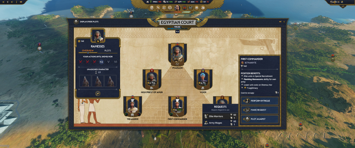 A screenshot of Total War: Pharaoh displaying the court system screen