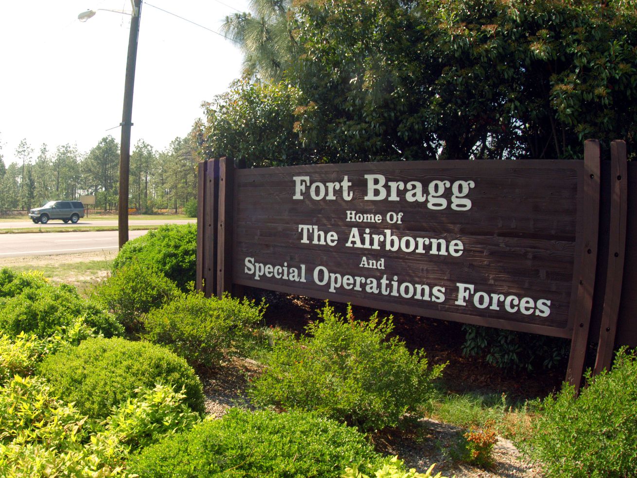 A sign shows Fort Bragg information May 13, 2004 in Fayettville, North Caro...