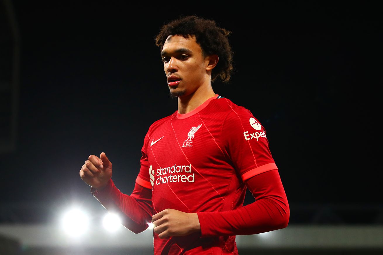 Trent Alexander-Arnold of Liverpool in action during the Premier League match between Liverpool and Leicester City at Anfield on February 10, 2022 in Liverpool, England.