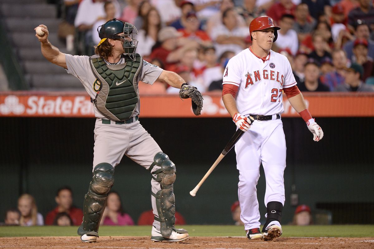 Mike Trout striking out against the A's. Note again that he has just struck out in this picture.