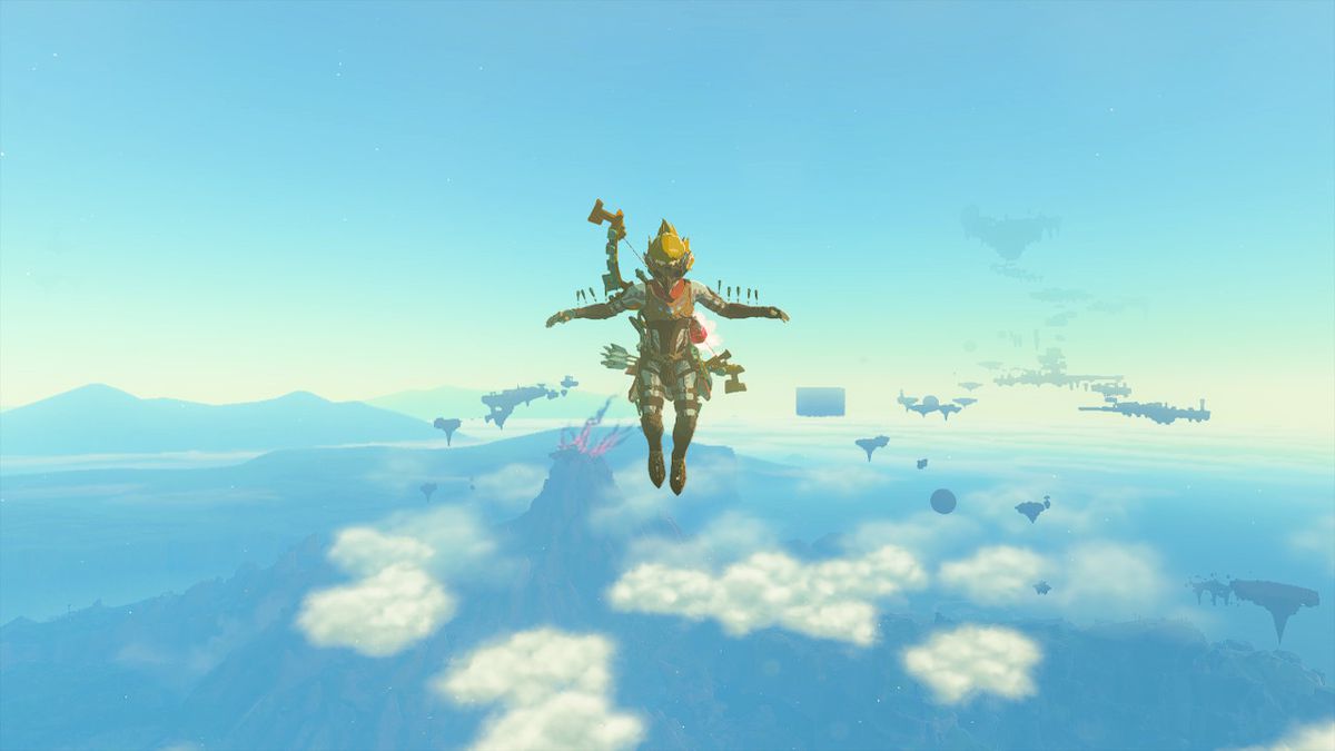 Link is suspended in the air by outstretching his arms after using a Skyview Tower in Zelda: Tears of the Kingdom