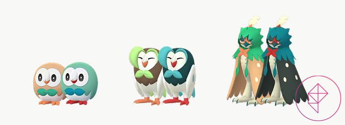Shiny Rowlet, Dartrix, and Decidueye in Pokémon Go with their regular color variations. Rowlet becomes mint green, Dartrix turns teal, and Decidueye becomes a darker green with black and red accents.