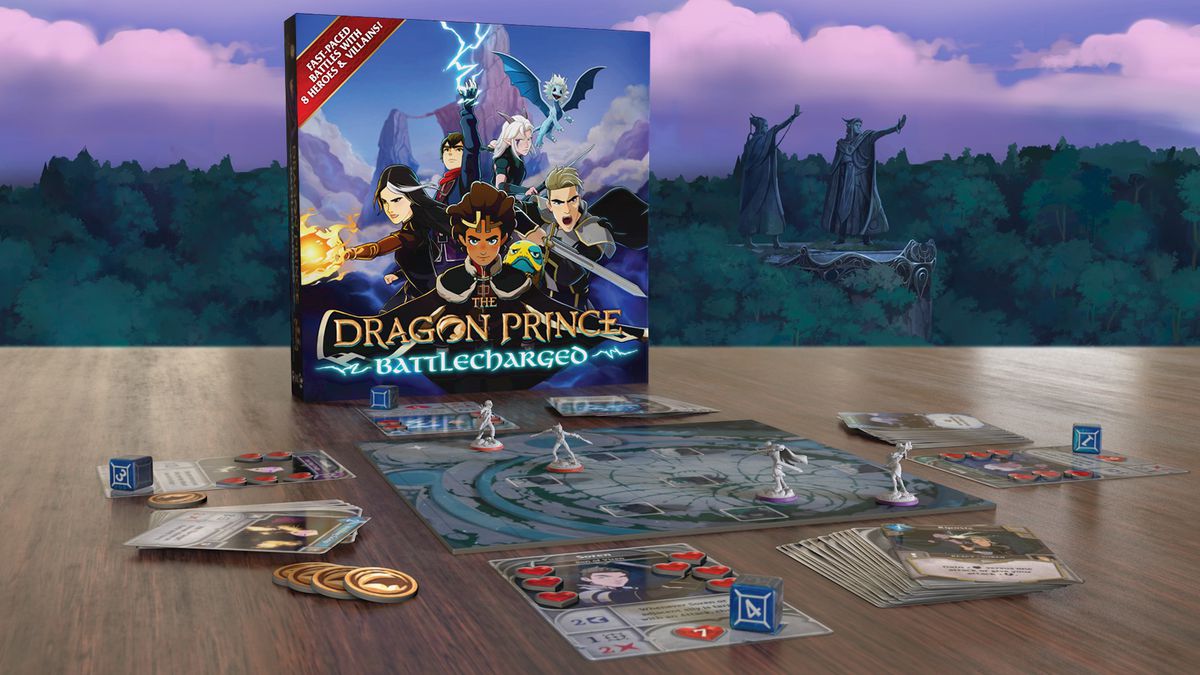 The Dragon Prince: Battlecharged board game, laid out in front of a backdrop from the animated Netflix series