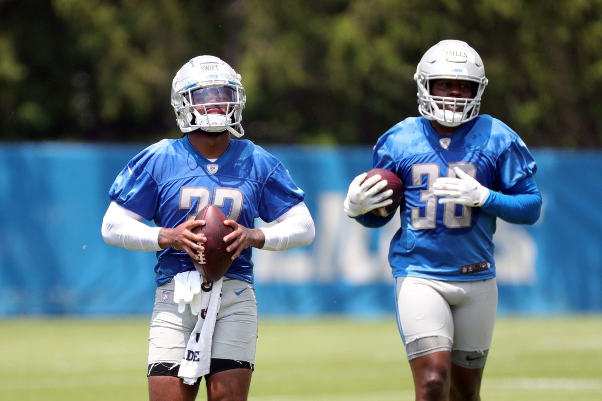 Detroit Lions running backs D’Andre Swift and Jamaal Williams on the field during minicamp practice Wednesday, June 9, 2021, at then Allen Park practice facility in Detroit. Lions