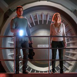 There is a red alert on the Avalon for Jim (Chris Pratt) and Aurora (Jennifer Lawrence) in “Passengers."