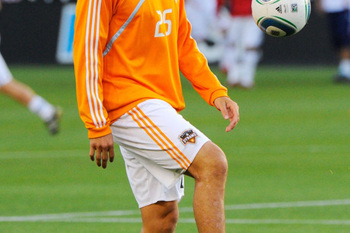 CARSON, CA - MAY 08:  Forward Brian Ching of Houston Dynamo during warm up prior to the start of the MLS soccer match against Chivas USA on May 8, 2010 at the Home Depot Center in Carson, California.  (Photo by Kevork Djansezian/Getty Images)