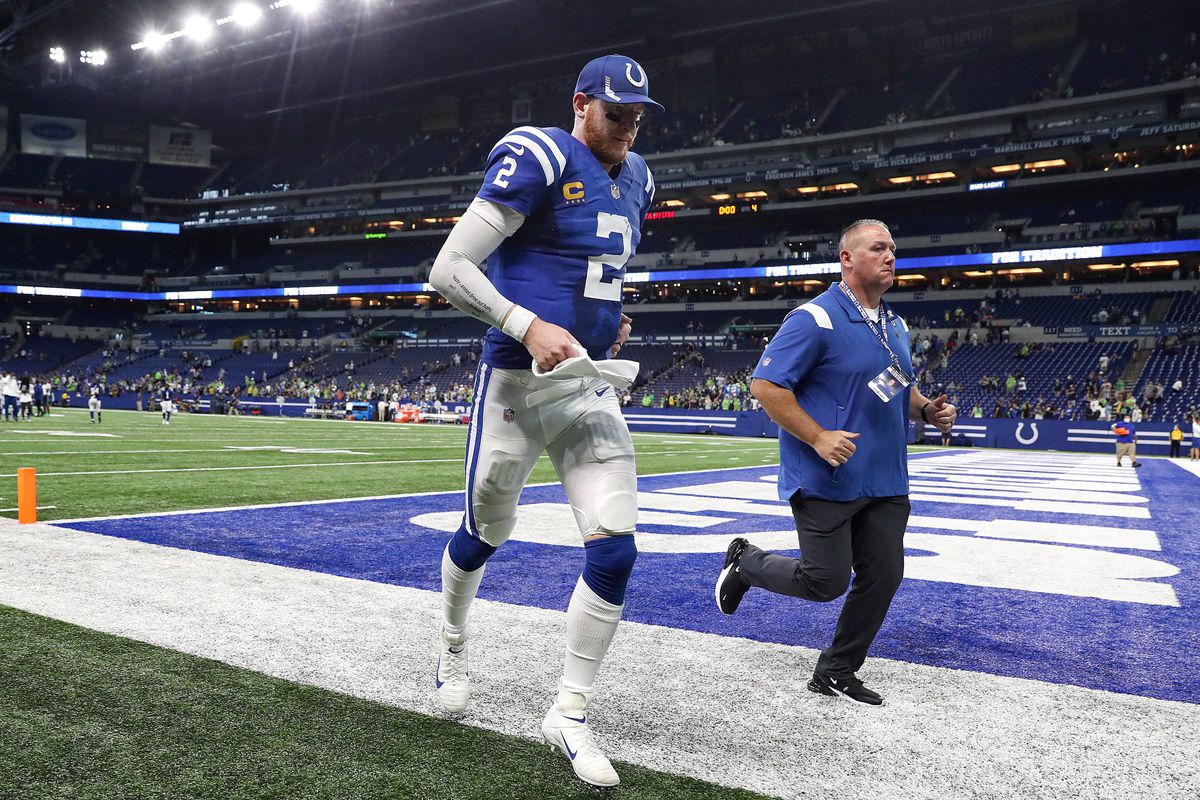Indianapolis Colts quarterback Carson Wentz (2) leaves the field after facing the Seattle Seahawks on Sunday, Sept. 12, 2021, at Lucas Oil Stadium and Indianapolis. The Seahawks defeated the Colts, 28-16. Indianapolis Colts And Seattle Seahawks On Nfl Week 1 At Lucas Oil Stadium Sunday Sept 12 2021.