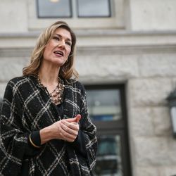 Christine Stenquist, executive director of Together for Responsible Use and Cannabis Education, a medical cannabis advocacy group, talks to members of the media at the Capitol in Salt Lake City on Tuesday, Feb. 6, 2018.