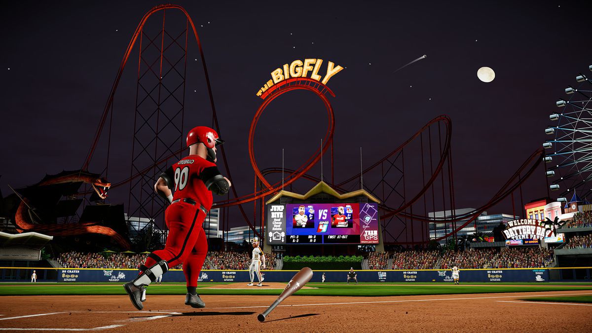 Hammer Langbollo walks off a homerun hit during a nighttime game in Super Mega Baseball 4