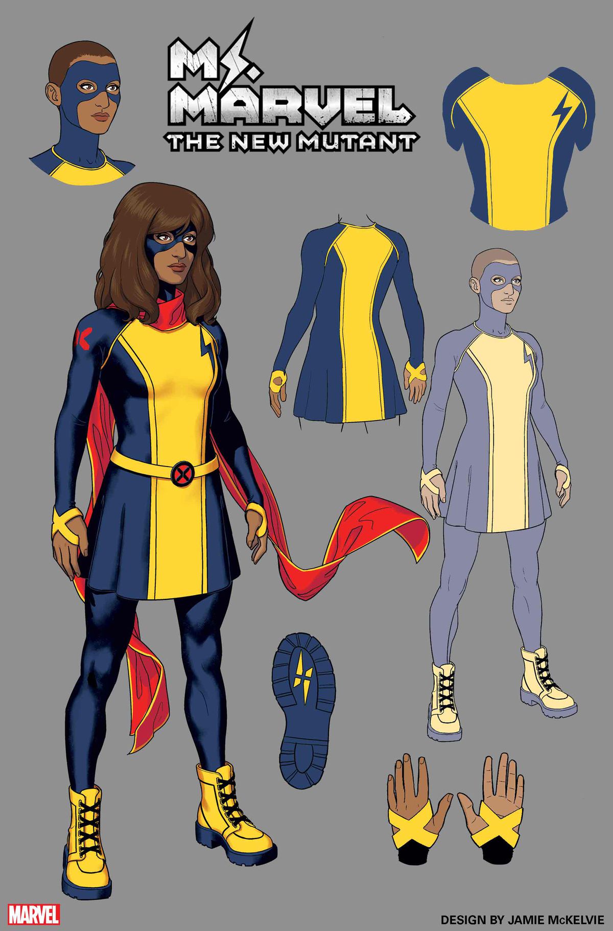 Character design of Ms. Marvel’s new X-Men-style costume and all it’s details.