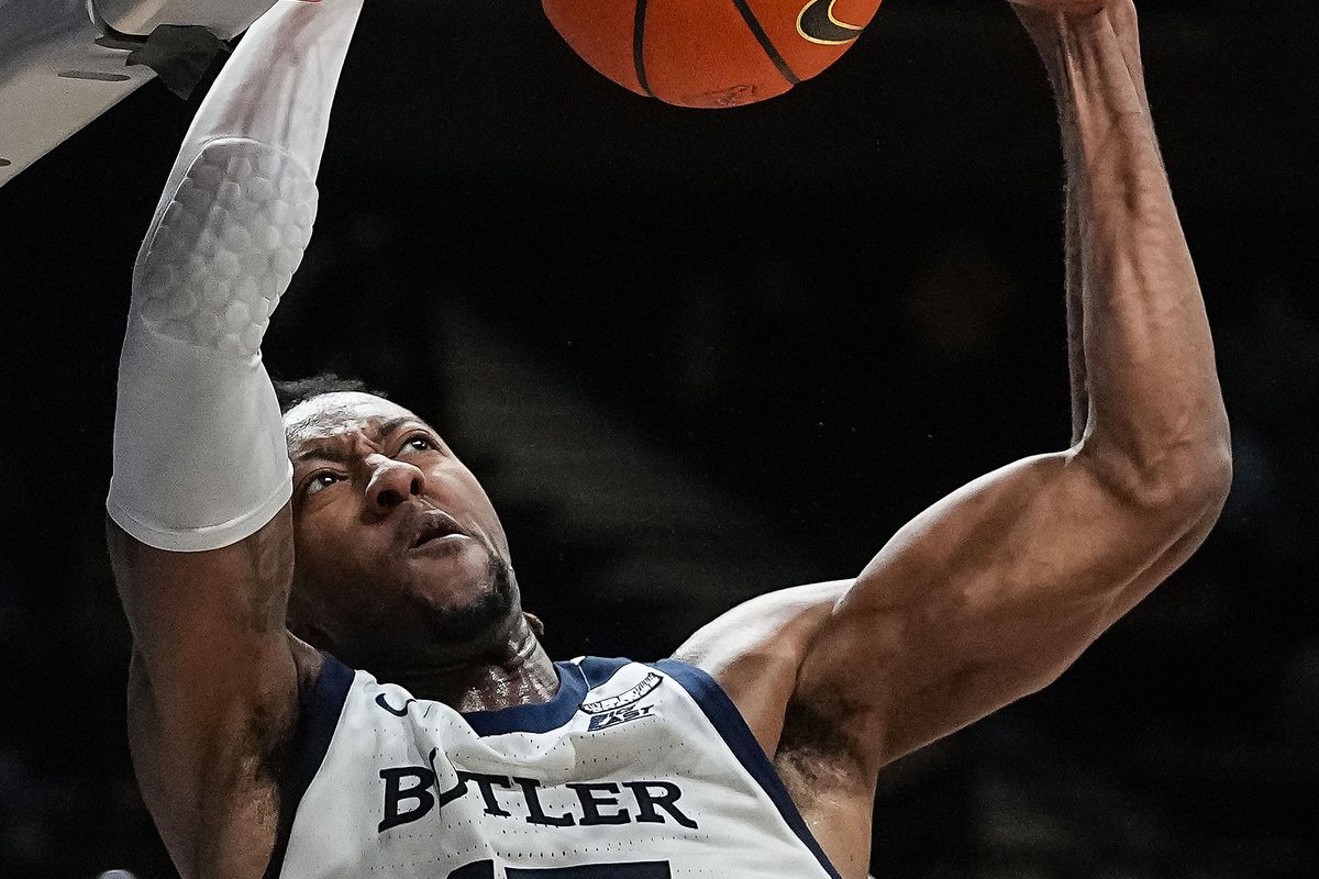 Butler Bulldogs center Manny Bates dunks the ball Wednesday, Jan. 4, 2023 at Hinkle Fieldhouse in Indianapolis.