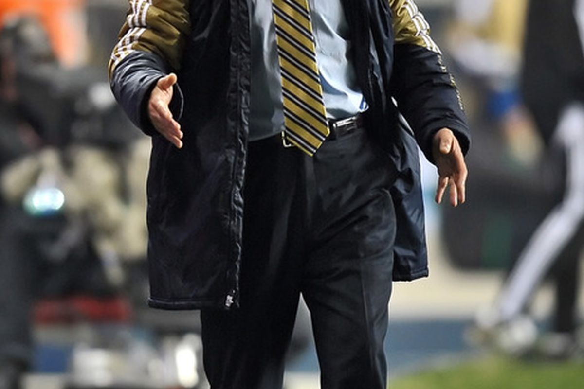 CHESTER, PA- APRIL 09: Coach Peter Nowak of the Philadelphia Union yells from the sideline during the game against the New York Red Bulls at PPL Park on April 9, 2011 in Chester, Pennsylvania. The Union won 1-0. (Photo by Drew Hallowell/Getty Images)