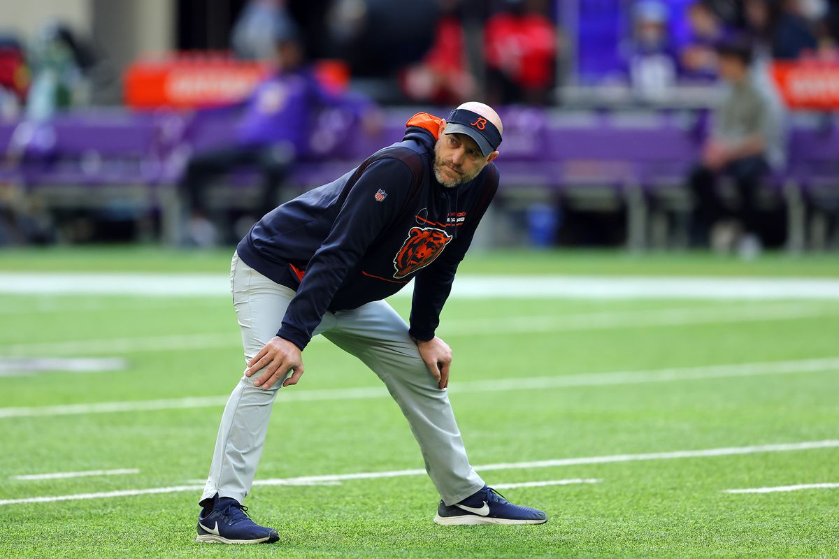 Head coach Matt Nagy of the Chicago Bears looks on during warm ups prior to the game against the Minnesota Vikings at U.S. Bank Stadium on January 09, 2022 in Minneapolis, Minnesota.