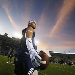 Brigham Young Cougars defensive back Chaz Ah You (19)  warms up prior to the game with the Boise State Broncos in Provo on Friday, Oct. 6, 2017.