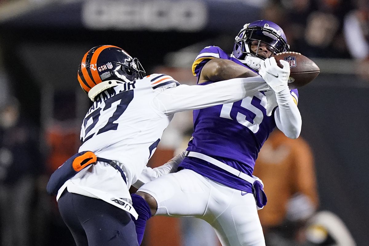Bears cornerback Thomas Graham Jr. (27) breaks up a pass intended for Vikings wide receiver Ihmir Smith-Marsette (15) in the first half of the Bears’ 17-9 loss Monday night at Soldier Field.