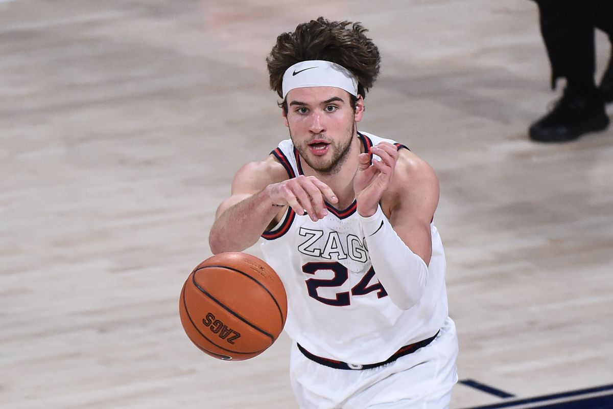 Gonzaga Bulldogs forward Corey Kispert pass the ball up court against the Loyola Marymount Lions in the second half at McCarthey Athletic Center. The Bulldogs won 86-69.