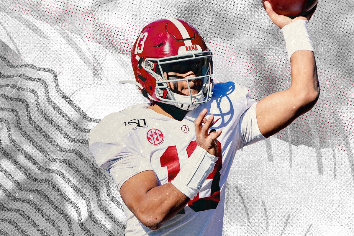 Alabama quarterback Tua Tagovailoa throwing a pass with his left hand in front of a black and white background