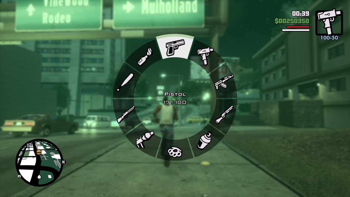 A screenshot of the weapon wheel in GTA: San Andreas from Grand Theft Auto: The Trilogy — The Definitive Edition