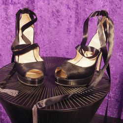 Black ponyhair heels from new shoe brand Max Martin. The label's merch is all made in Downtown LA.