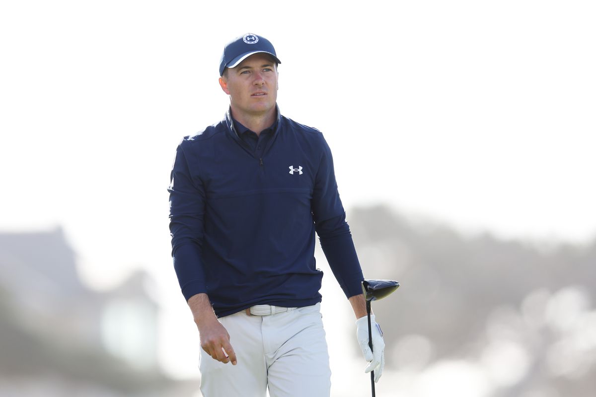 Jordan Spieth of the United States plays his shot from the 17th tee during the first round of the AT&amp;T Pebble Beach Pro-Am at Monterey Peninsula Country Club on February 03, 2022 in Pebble Beach, California.