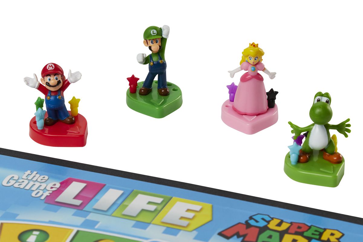Mario, Luigi, Princess Peach, and Yoshi pawns for The Game of Life: Super Mario Edition