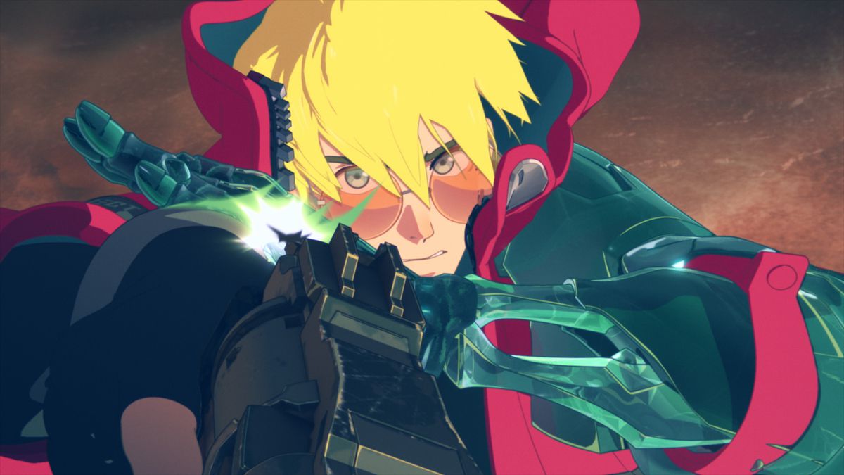 A shot of Vash the Stampede pointing his gun upwards while looking directly at the camera.  Her hair blows in the wind and she partially covers her eyes.