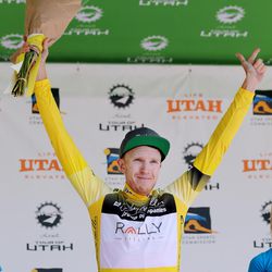 Overall leader Robert Britton of Rally Cycling waves to the fans after finishing Stage 6 of the Tour of Utah cycling race at Snowbird on Saturday, Aug. 5, 2017.