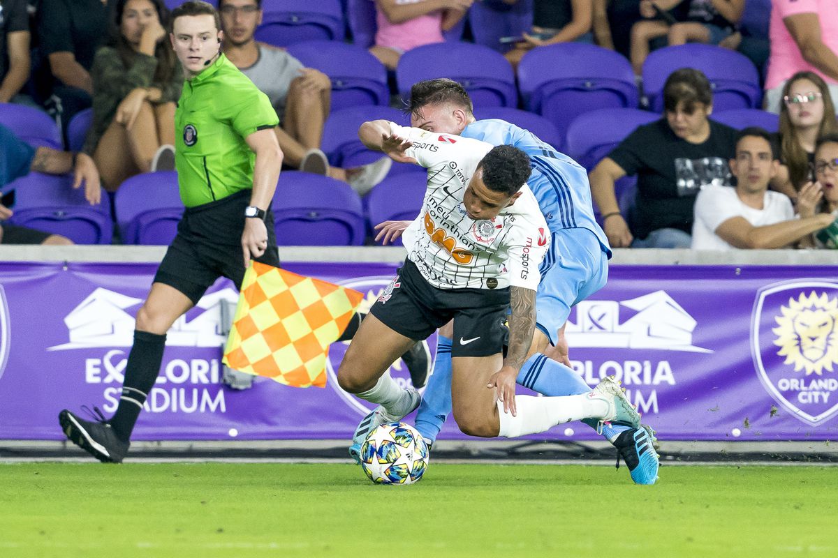 Two players competing for the ball during the Florida Cup soccer match between the New York City FC and Corinthians on January 15, 2020 at Explorer Stadium in Orlando, FL.