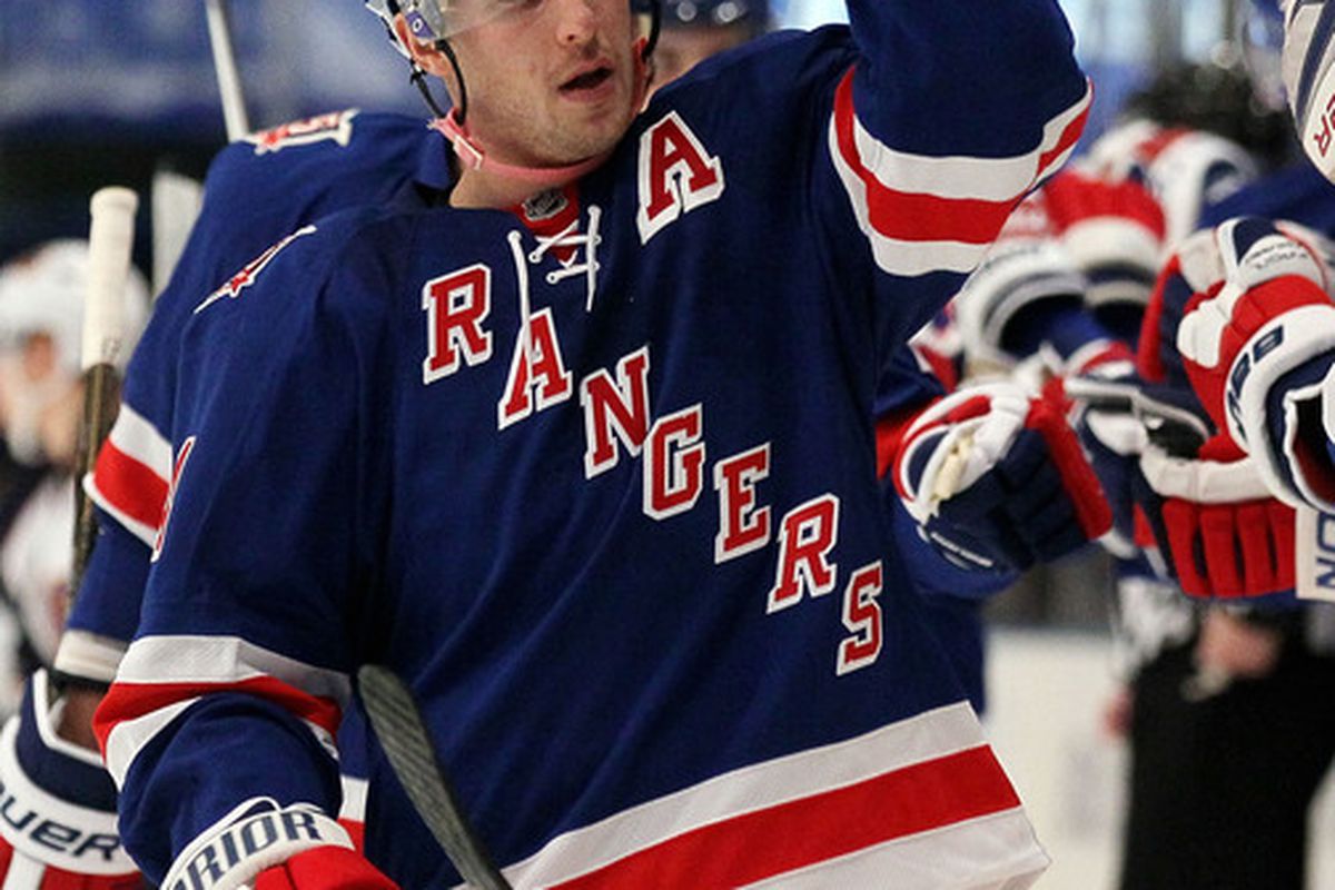 NEW YORK - OCTOBER 27:  Ryan Callahan #24 of the New York Rangers celebrates his first period goal against the Atlanta Thrashers on October 27 2010 at Madison Square Garden in New York City.  (Photo by Jim McIsaac/Getty Images)