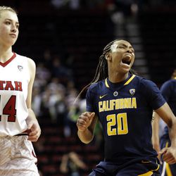 California's MaAne Mosley (20) celebrates at the buzzer next to Utah's Paige Crozon (14) after California beat Utah 66-63 in overtime of an NCAA college basketball game in the Pac-12 Conference tournament, Thursday, March 3, 2016, in Seattle. 