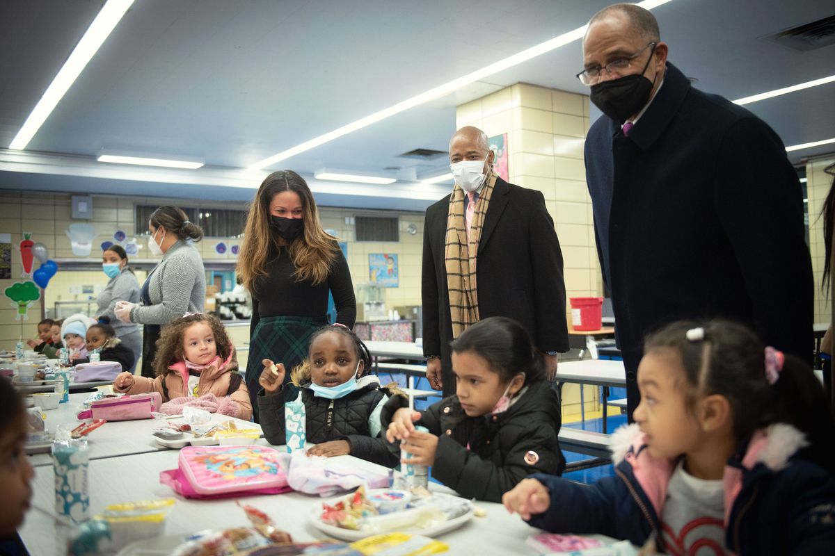 Mayor Eric Adams visits Concourse Village Elementary School in The Bronx with Schools Chancellor David Banks on Monday, January 3, 2022.