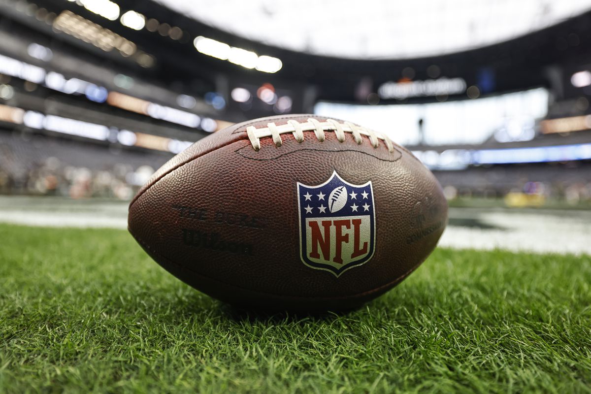 A general view of a football prior to an NFL game between the Las Vegas Raiders and the Indianapolis Colts at Allegiant Stadium on November 13, 2022 in Las Vegas, Nevada.