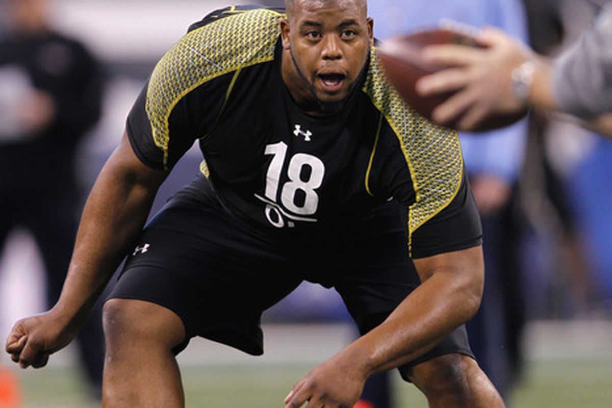 INDIANAPOLIS, IN - FEBRUARY 25: Offensive lineman Cordy Glenn of Georgia participates in a drill during the 2012 NFL Combine at Lucas Oil Stadium on February 25, 2012 in Indianapolis, Indiana. (Photo by Joe Robbins/Getty Images)