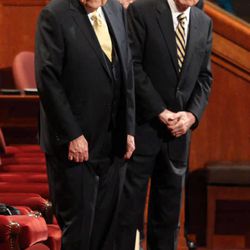 Elder L. Tom Perry and Elder Dallin H. Oaks attend the afternoon session of the 183rd Annual General Conference of The Church of Jesus Christ of Latter-day Saints in the Conference Center in Salt Lake City on Sunday, April 7, 2013. 