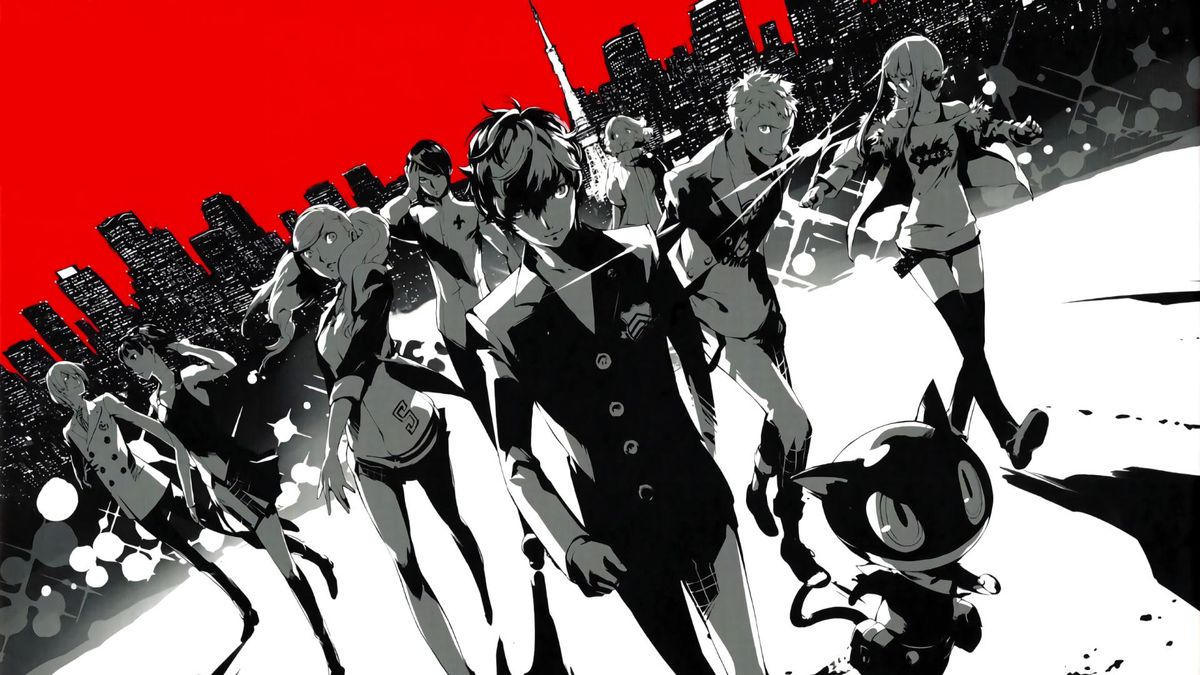 A black-and-white image of the Persona 5 characters walking towards the camera, with a splash of red in the skyline