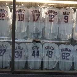 Jerseys on display, in the window of the Cubs Store. Note the Arrieta jersey still available