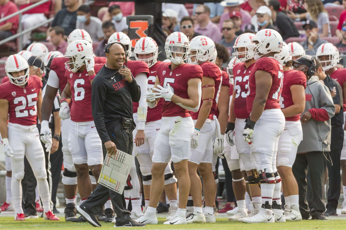 UCLA v Head Coach David Shaw of the Stanford Cardinal reacts on the sidelines during an NCAA Pac-12 college football game against the UCLA Bruins on September 26, 2021 at Stanford Stadium in Palo Alto, California
