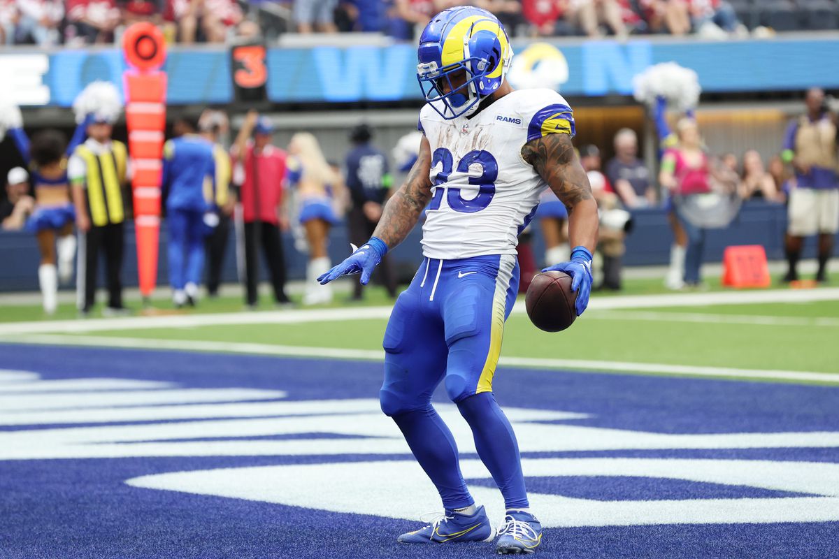 INGLEWOOD, CALIFORNIA - SEPTEMBER 17: Kyren Williams #23 of the Los Angeles Rams reacts after scoring a rushing a touchdown during the second quarter against the San Francisco 49ers at SoFi Stadium on September 17, 2023 in Inglewood, California.