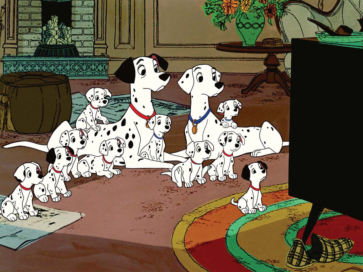 Dalmatians Pongo, Perdita, and their many puppies watch TV in Disney’s One Hundred and One Dalmatians