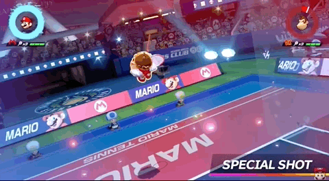 Mario Tennis Aces - Mario unleashing a Special Shot on Donkey Kong