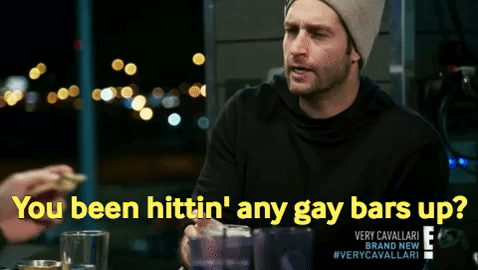 GIF of Cutler asking, “You been hittin’ any gay bars up?”