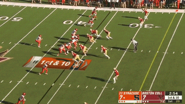 Eric Dungey completes a 34 yard pass to Jamal Custis to the Boston College 2 yard line.