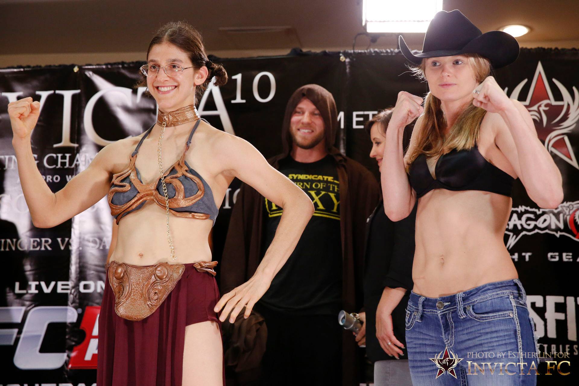 Roxanne Modafferi poses alongside Andrea Lee at the weigh ins for Invicta F...