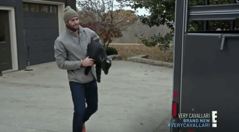 Jay Cutler holding Pepper, the black goat, and sneaking him onto a black trailer