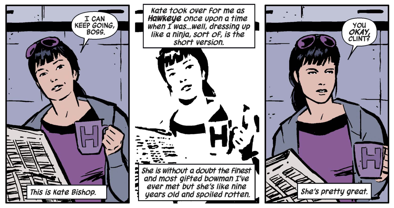 Kate Bishop holding a cup of coffee from Hawkeye #1, Marvel Comics (2012).