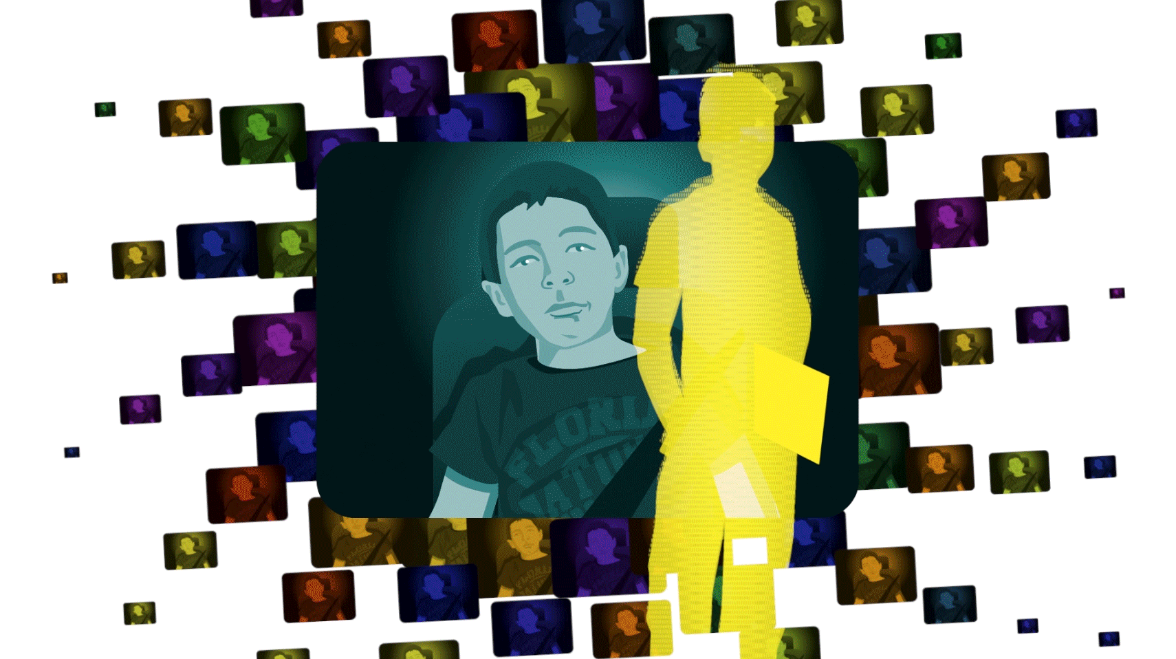 An illustration of the “David After Dentist” video, showing a boy loopy from taking medicine and a silhouette of him as a teenager.