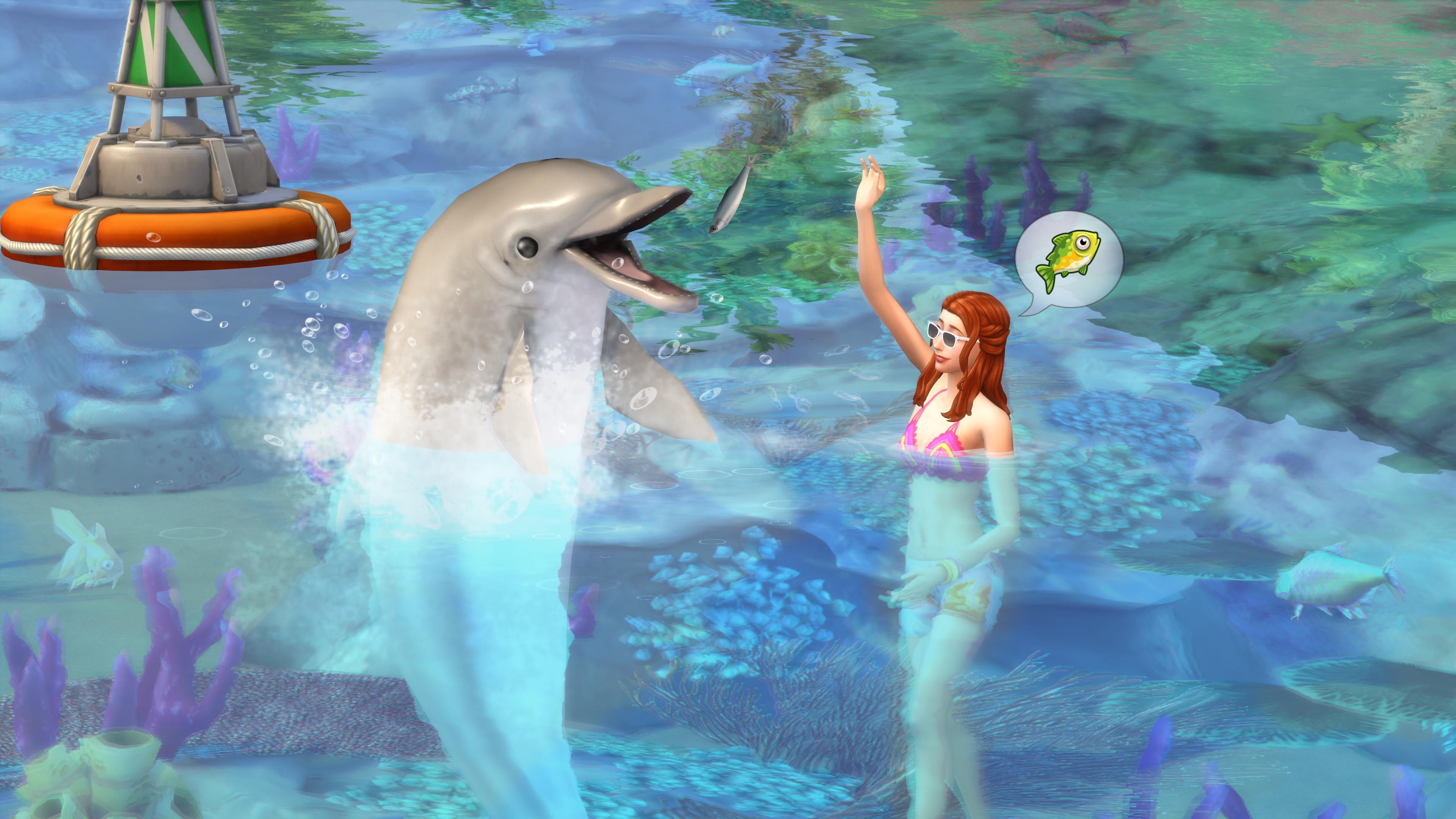 The Sims 4 Island Living - a woman playing with a dolphin