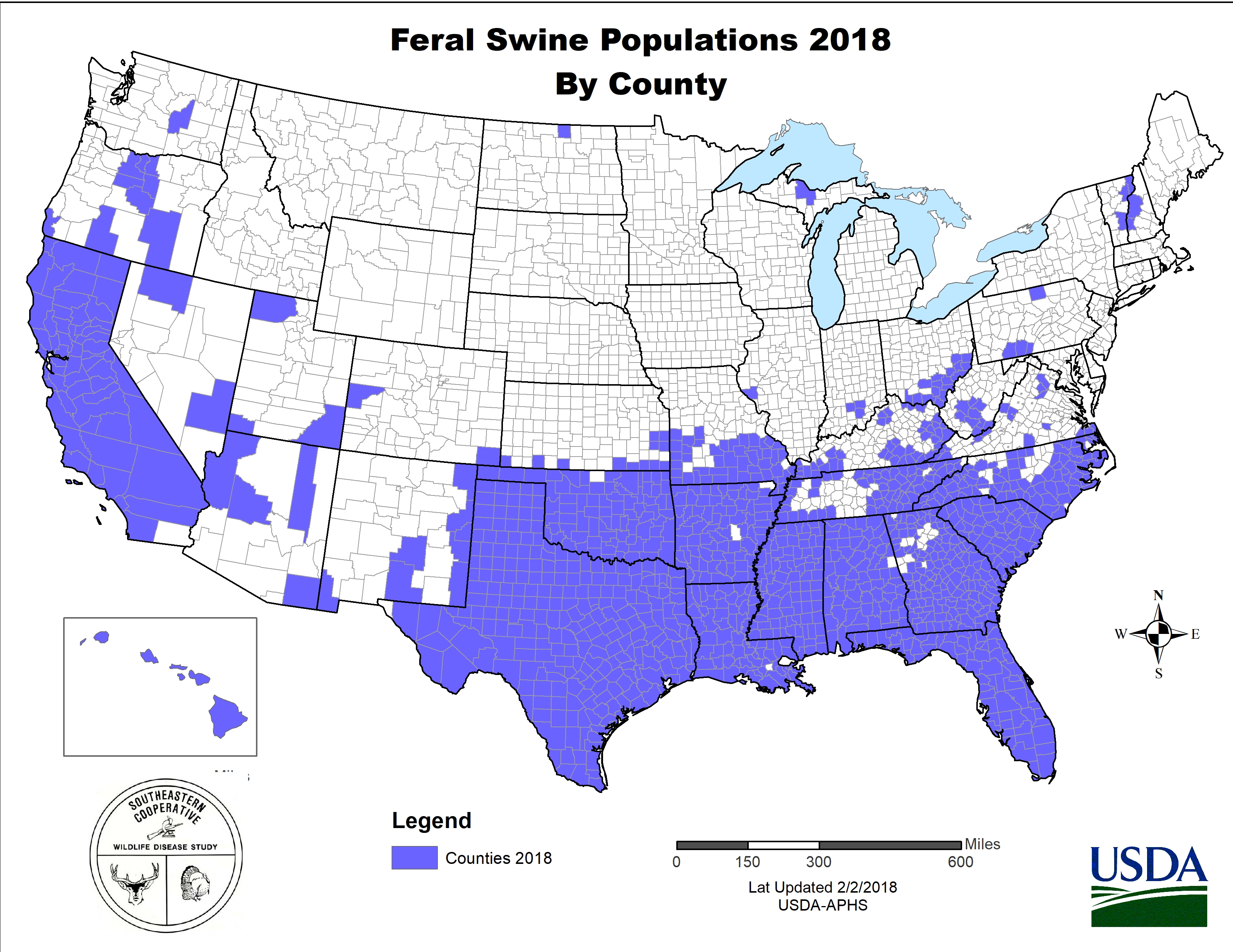The USDA’s map of feral swine in the US in 2018